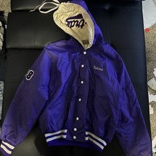 Vintage Purple 80s Letterman Jacket Size Medium Zipper Hood Made In USA