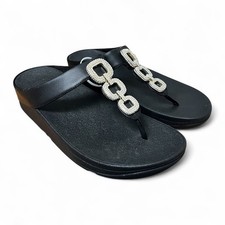 FitFlop Fino Slip On Black Embellished Comfort Thong Sandals Size 8 Casual Chic