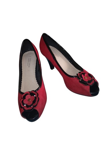 Red And Black Open Toe High Heels Size 7 Emilio Luca Flower On Front Faux Suede - Bild 2 von 6