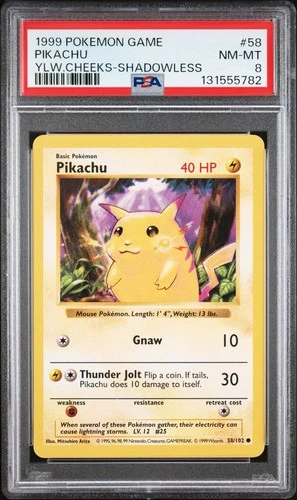 Pokemon Pikachu Card 58/102 Base Set Shadowless PSA 8 NM/MT