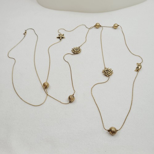 Antiqued Gold Tone Very Long Fashion Jewelry Station Necklace Sun Moon Stars 59" - Picture 3 of 8