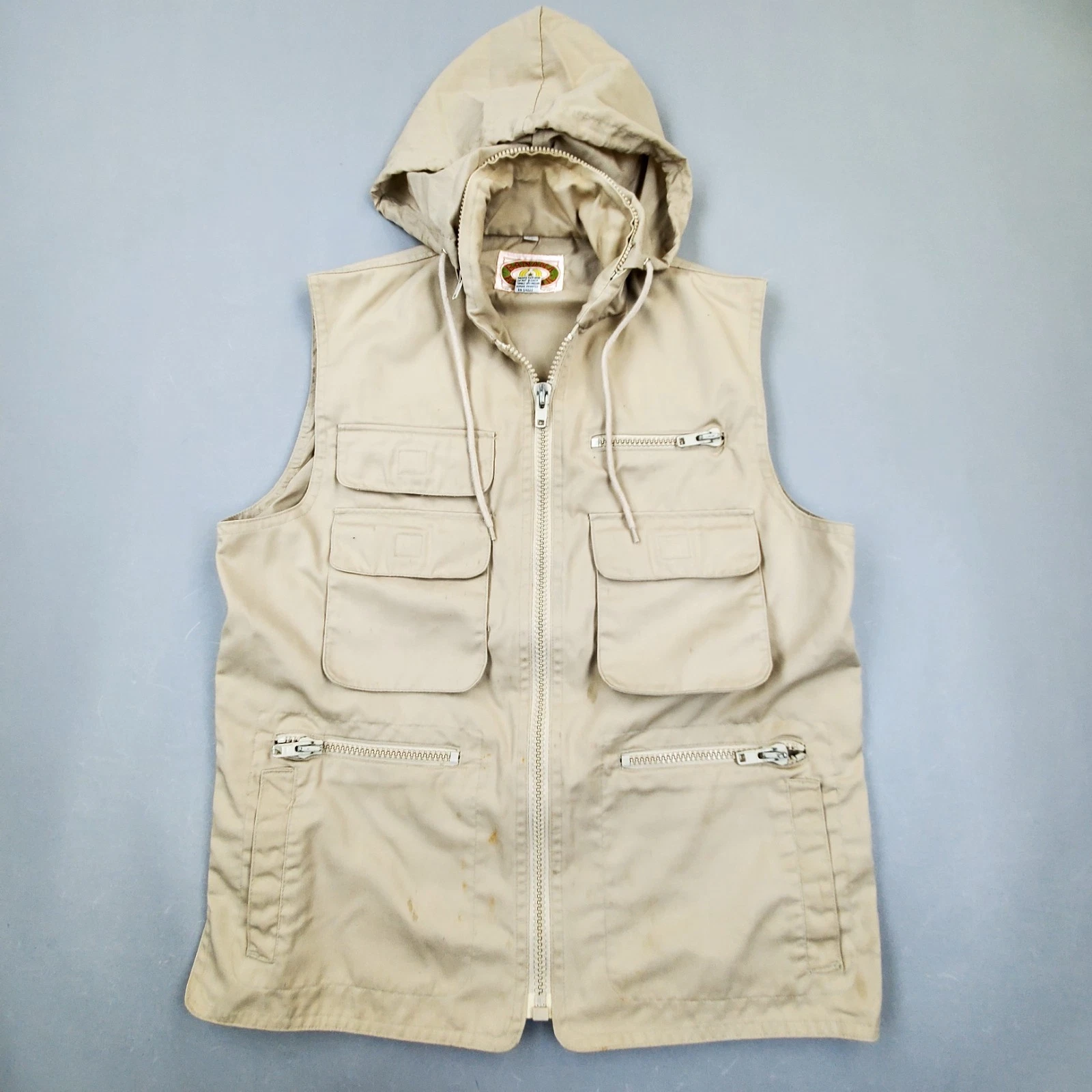 Vintage 80s Banana Republic Vest Mens Sz S Khaki Adjustable Hood Utility Safari