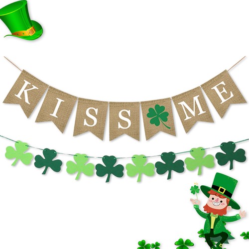 Non-woven Fabric Gradient Shamrock Burlap Banner Clover Bunting Garland - Picture 4 of 11