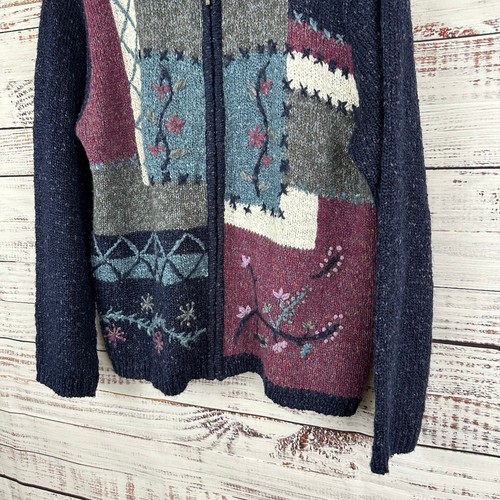 Womens Croft & Barrow Navy Blue Embroidered Full Zip Cardigan Sweater Cottage XL - Picture 2 of 7