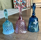 Lot of 3 Vintage Fenton Glass Bells Hand Painted Rose Plume Opalescent Hobnail