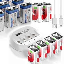 EBL 9V 600mAh  Li-ion Rechargeable Batteries / 4-Slot 9 Volt LCD Charger Lot