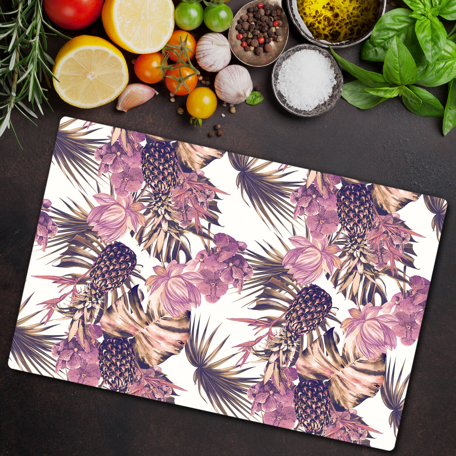 Glass Worktop Saver Kitchen Tropical pink composition Pineapple with Flowers