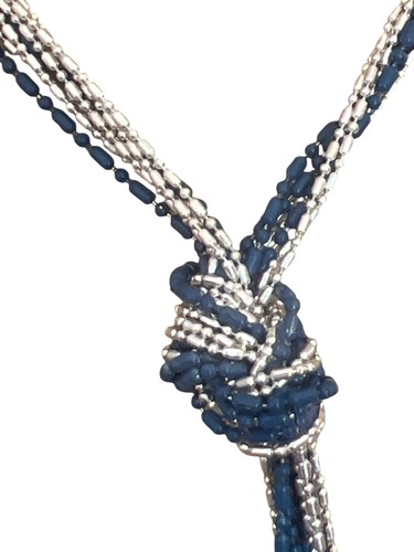 Blue Silver Beaded Knot Necklace Tassel Multi Strand Flapper Adj 27" - Picture 3 of 7