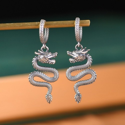 Solid 925 Sterling Silver Hoop Men Women Lucky Carved Dragon Dangle Earrings - Picture 2 of 7