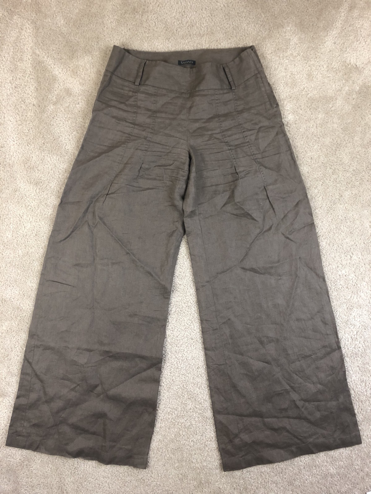 Tahari Pants Size 6 Brown 100% Linen Stitch Detail Flare Wide Leg Side Zip Tahari Pants Size 6 Brown 100% Linen Stitch Detail Flare Wide Leg Side Zip