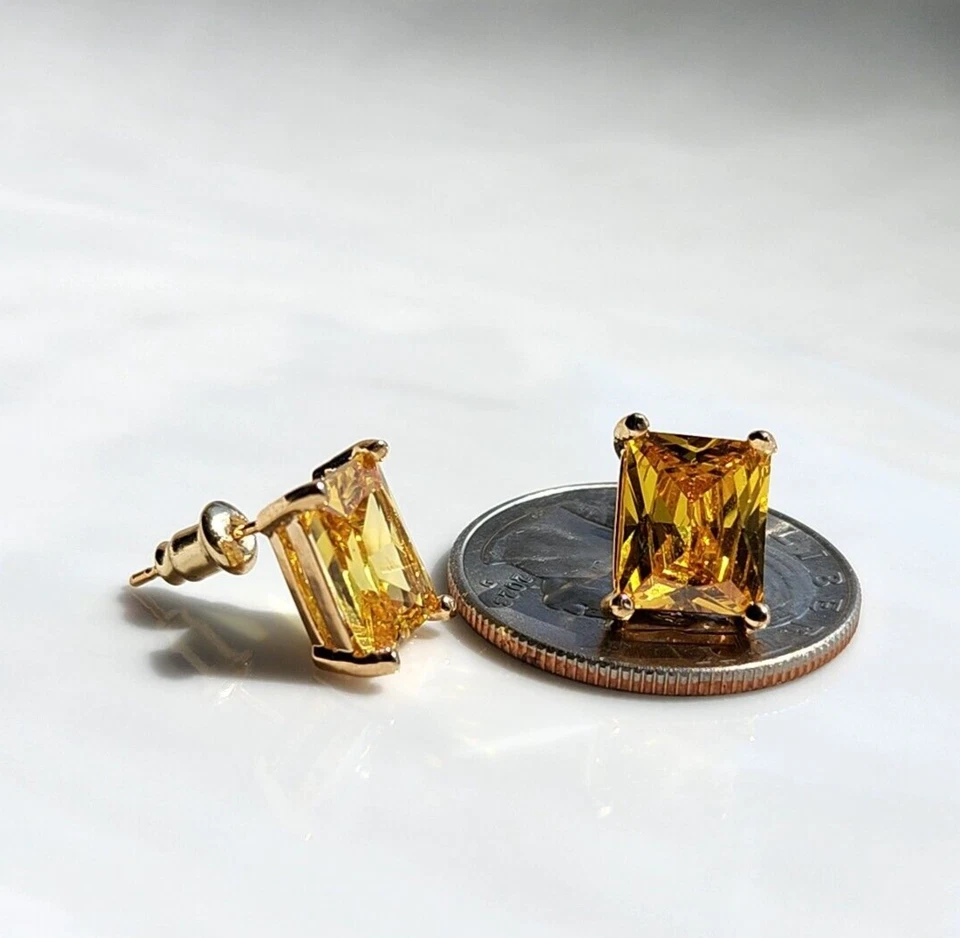 Aretes rectangulares de citrino amarillo de 8 quilates enchapados en oro amarillo de 14 k en astilla 925 Foto 3 de 4