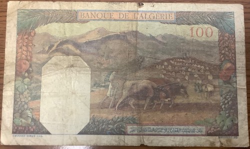 Tunisia overprint on Algeria French Colonial 100 Francs 24-2-1941 WW 2 - Picture 2 of 2