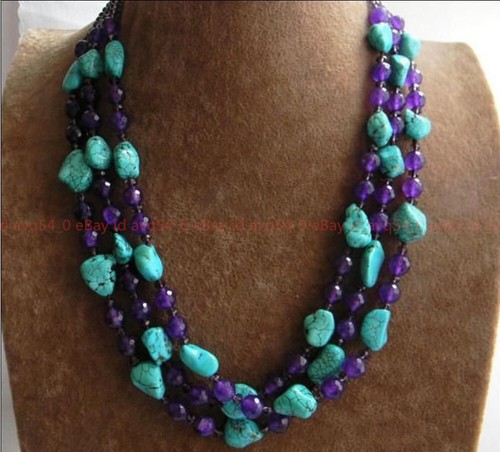 Collana Perline Pepita Turchese e Sfaccettate Viola Giada e Cristallo 3 Righe - Foto 12 di 12