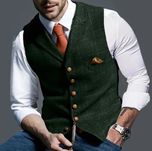 Mens Tweed Lapel Vest Jacket Herringbone Waistcoat Casual Formal Sleeveless Tops - Picture 12 of 31