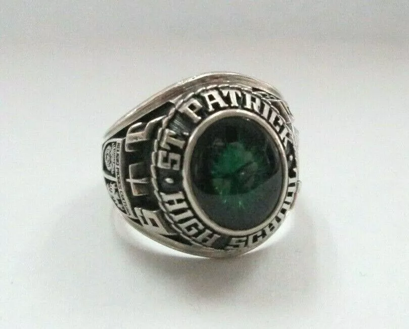 JOSTEN 1975 St. Patrick HS 10K White Gold Class Ring w Shamrock Spinel sz 10.5