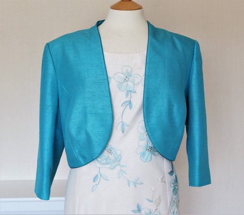 Jacques Vert Ivory Turquoise Embroided Beaded Dress UK 20 & Turquoise Bolero 22 - Picture 6 of 22