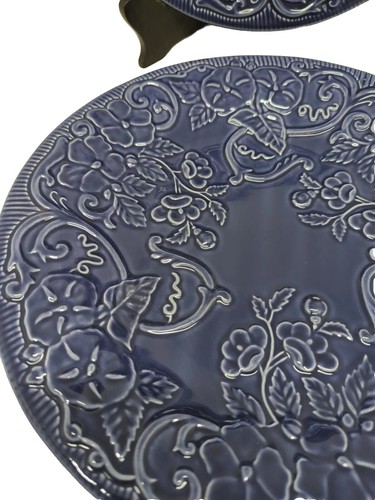 2 Plato de Cena Bordallo Pinheiro Azul Profundo Diseño Floral Portugal 10 7/8" - Imagen 5 de 16