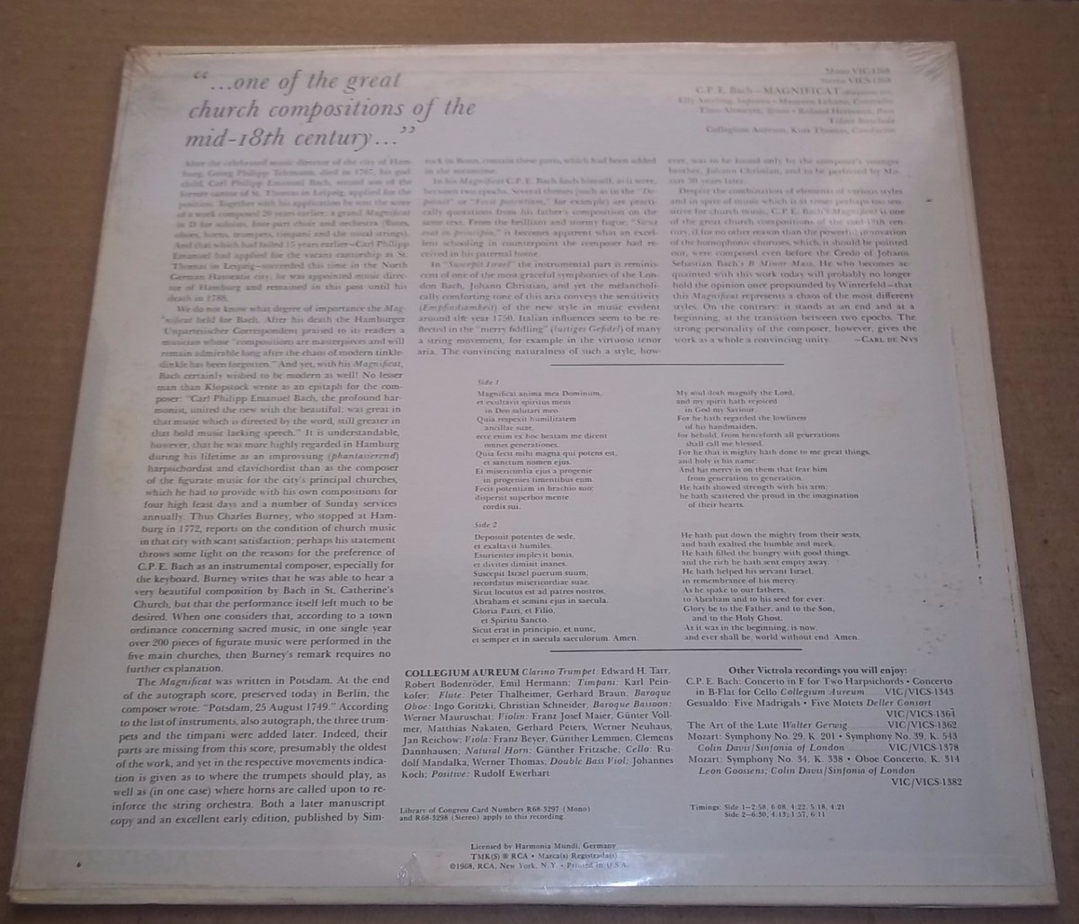 Collegium Aureum/Thomas C.P.E. BACH Magnificat - RCA VICS