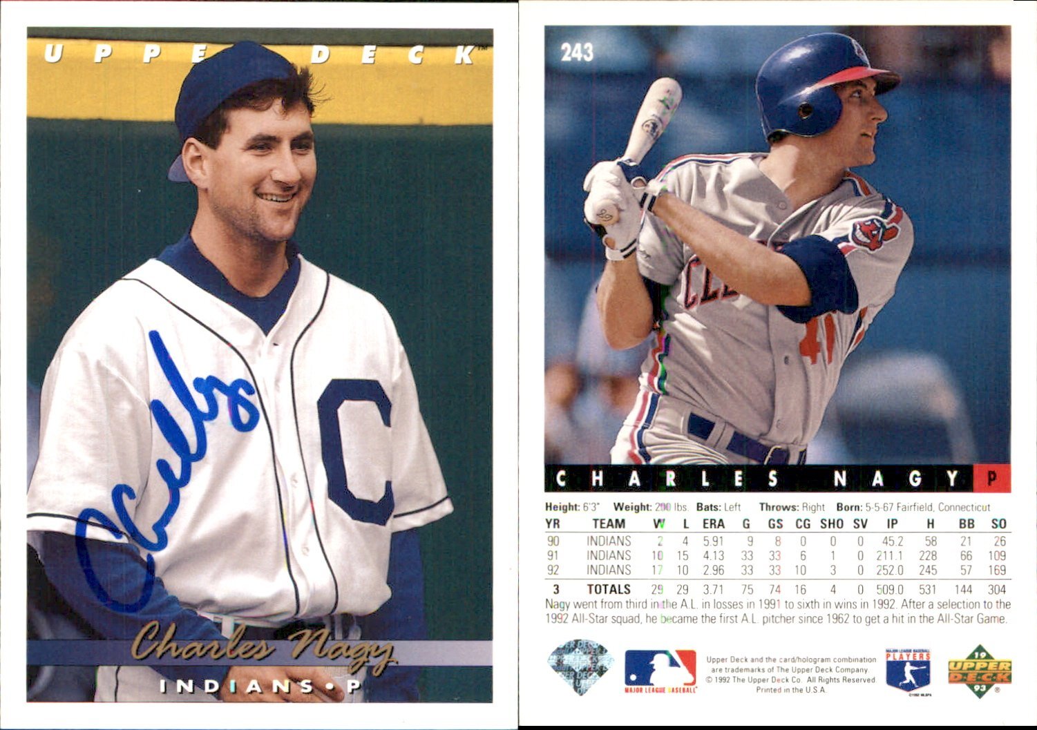 Charles Nagy Signed 1993 Upper Deck #243 Card Cleveland Indians Auto AU