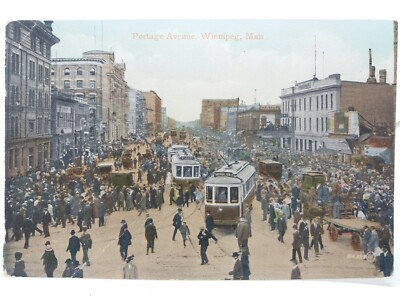 Trolleyautos/Straßenbahnen auf Portage Avenue Winnipeg Manitoba Kanada antike Postkarte