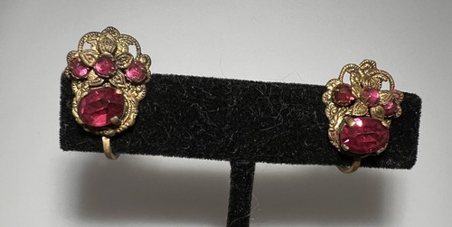 Vintage Pink Rhinestone Flower Huggie Screw Back Earrings Czec ^ - Picture 9 of 11