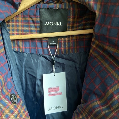 Monki Button Up Puffer Coat Size M Navy Blue/Maroon Check - Picture 2 of 2