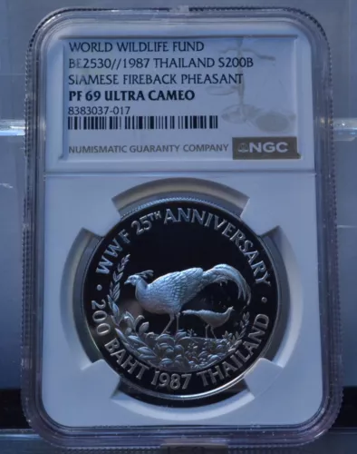 1987 200 BAHT THAILAND WWF SIAMESE FIREBACK PHEASANT NGC PF69 UCAM SILVER COIN