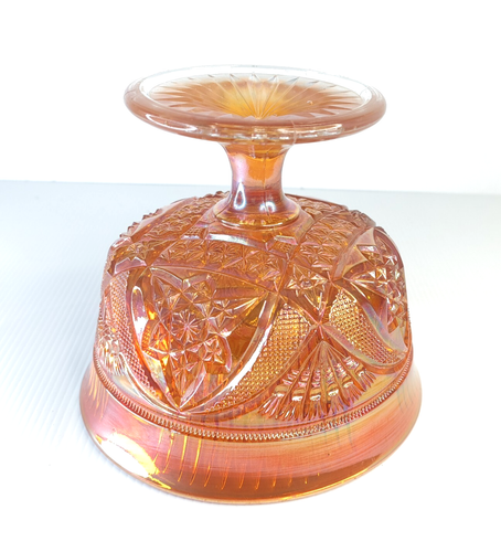 Marigold Carnival Glass Pedestal Bowl Vintage Imperial Hobstar Feather Pattern - Picture 9 of 16