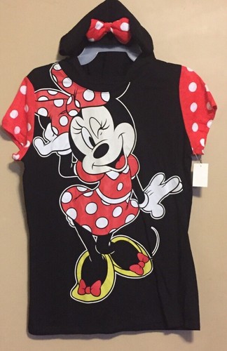 DISNEY Minnie Mouse T-Shirt with Hood & Bow & Ears Girls Juniors Large 11-13 NWT - Picture 4 of 7