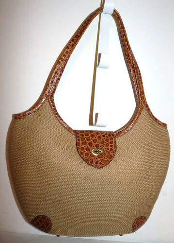 Borsa a mano vintage Eric Javits marrone paglia Squishee Hobo pelle marrone coccodrillo bordo in rilievo - Foto 2 di 23