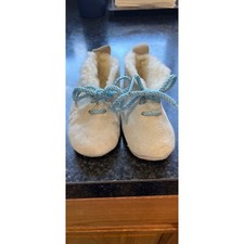 Vintage Baby Size 4 Soft Leather Shearling Slippers Blue Lace Up Natural Leather