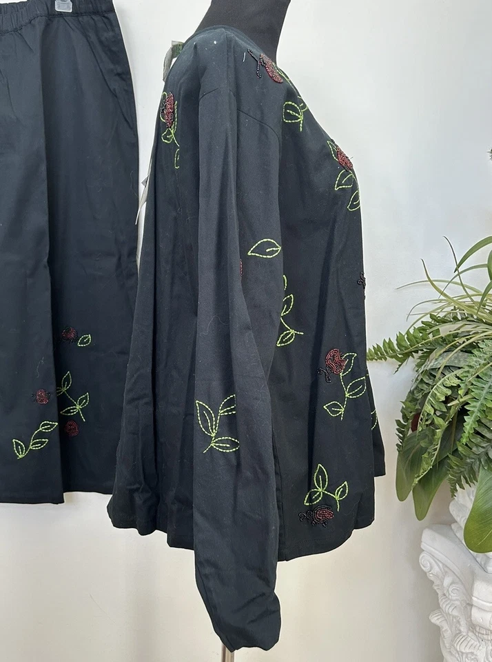 NWT Quaker Factory Embroidered Boho Ladybird Black Shirt Jacket Skirt Set Sz 2X - Image 4 of 4