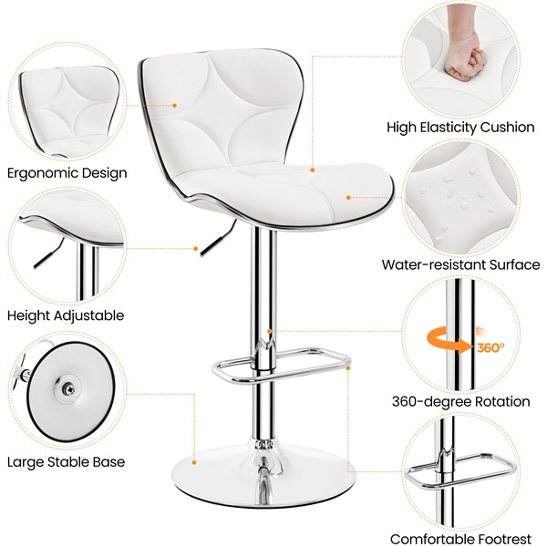 Bar Stools Set of 2 Shell Back PU Leather Adjustable Swivel Counter