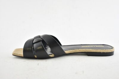 Saint Laurent YSL Tribute Nu Pieds Black Leather Beige Rope