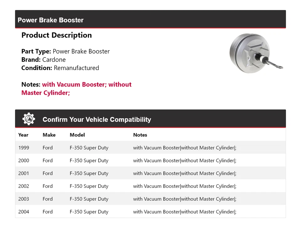 For 1999-2004 Ford F-350 Super Duty Power Brake Booster Cardone 2000 2001 2002 - Image 2 of 4