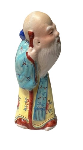 Statuina uomo cinese vintage 4" porcellana dipinta a mano - Foto 3 di 5