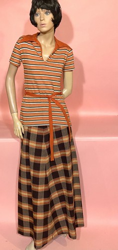 Vintage 70’s Women’s Orange & Brown Plaid Maxi Skirt Wool Blend SUPER GROOVY! - Picture 2 of 12