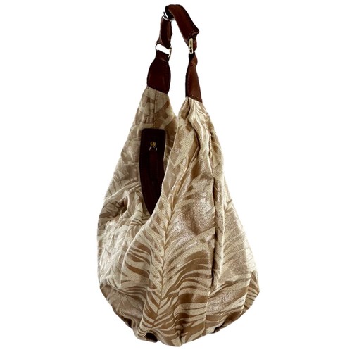Tommy Bahama Shoulder Hobo Handbag Ivory Metallic Tropical Palm Linen Leather - Picture 5 of 12