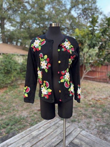 Vintage Talbots Crochet Appliqué Fruit Flowers Knit Cardigan Sweater - Picture 2 of 9