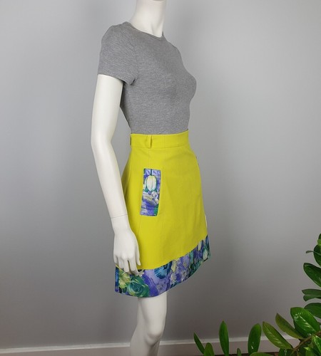 Elliat Size S, 8 A Line Skirt Neon Yellow Floral Blue Trim Pockets Women Retro - Bild 12 von 13
