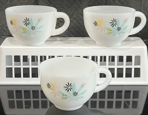 3 Vintage 50s Federal Milk Glass Atomic Flower Leaf Coffee Tea Mug Cup 6 oz