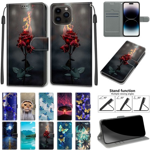 Pattern Case For iPhone 15 14 Plus 13 12 11 Pro Max Flip PU Leather Wallet Cover - Picture 1 of 20