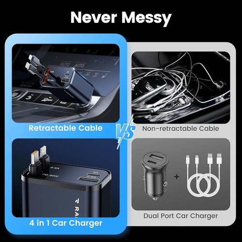Retractable Car Charger 4 in 1 Fast Car Phone Charger 65W with USB Type C Cable - Picture 6 of 7