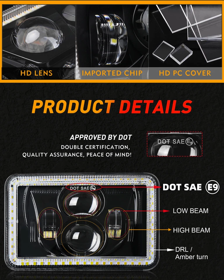 4PCS 4x6" Black LED Headlights Hi/Lo For Chevy C10 Pickup Truck 1980-1986 C20 - Image 4 of 4