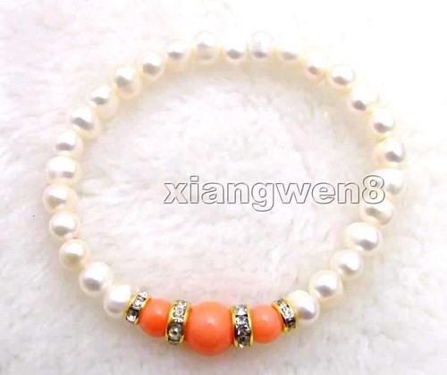 Pulsera de perlas blancas naturales de 6-7 mm para mujer con coral rosa redondo 7,5" b291 - Imagen 2 de 8