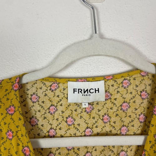 Frnch Paris gelb Blumen Wickel Midi Kleid S V-Ausschnitt Puffärmel Cinch Taille Bindeband - Bild 4 von 10