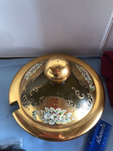 VINTAGE Boemia ceca dipinto a mano vetro tono oro punzone coperchio ciotola e 10 tazze F65 - Foto 18 di 20