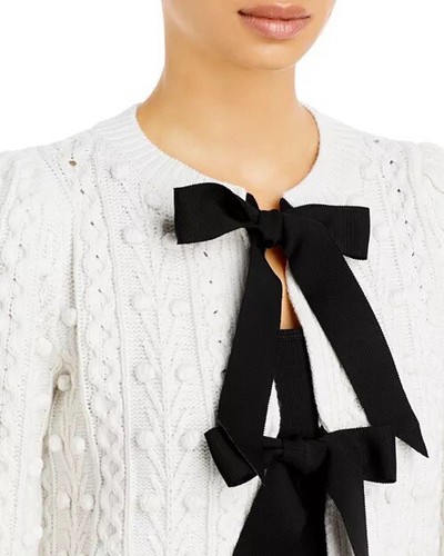 Alice + Olivia NEW Kitty Bow Tie Puff Sleeve Cardigan In Soft White Black Size M - Picture 12 of 24
