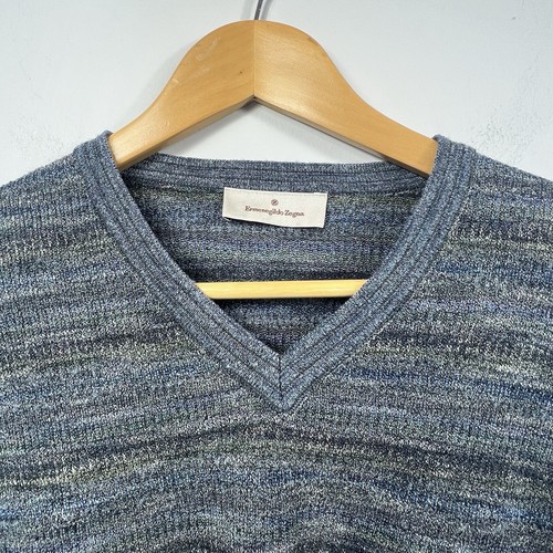 Ermenegildo Zegna Men's Blue Thin Knit V-Neck Sweater Size L Large Space Dye - Picture 3 of 11