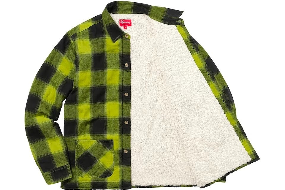 Supreme Buffalo Plaid Sherpa Lined Chore Shirt Pea Green Yellow Medium M  New NWT